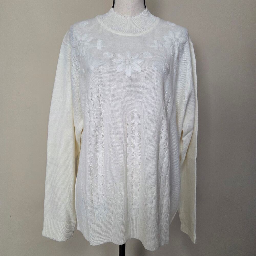 New Vintage Salon Studio/Haband XX Pullover Embroidered Cable Mock Sweater Ivory
